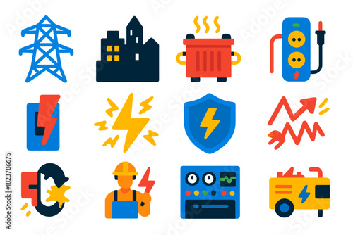 Power Grid Icons. Flat vector icons of power grid impacts: transmission tower, blackout city skyline, overload transformer, surge