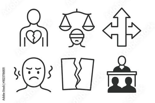 Justice Ethical Dilemmas Icons. Line style icons of Ethical Dilemmas in Justice: person with divided heart, blindfolded scales