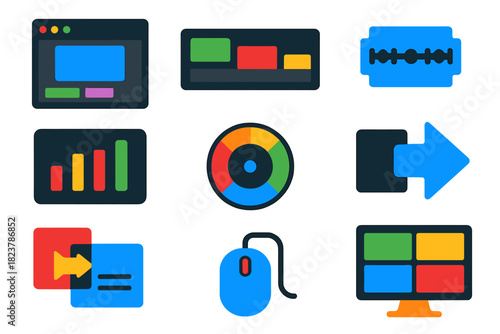 Post-Production Editing Icons. Flat vector icons of post-production editing: editing software screen, timeline with clips, cutting