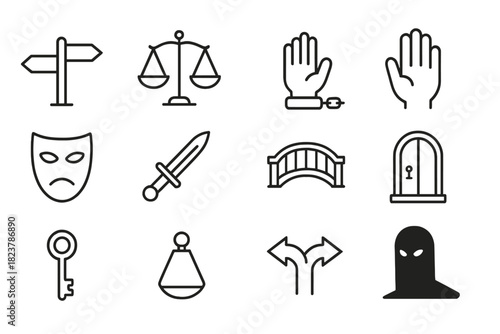 Moral Choice Icons. Line style icons of moral choices: crossroads, scale, chained hand, open palm; mask, dagger, bridge, locked