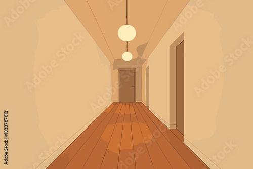 Minimalist Hallway Elegance. Minimalist hallway with warm wooden floors and glowing pendant lights, clean lines and soft lighting,