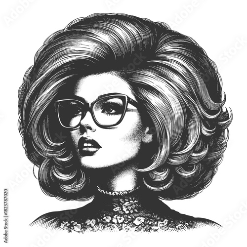 fashionable woman with retro hairstyle, bold glasses, confident expression on white background sketch engraving generative ai fictional character vector illustration. Scratch board. Black and white.