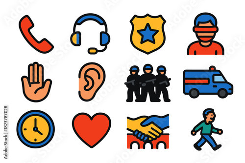 Hostage Negotiation Icons. Flat vector icons of hostage negotiation: phone receiver, negotiator headset, police badge, hostage