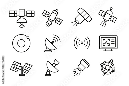 Satellite Line Icons. Line style icons of satellites in orbit: communication satellite, weather satellite, spy satellite, research