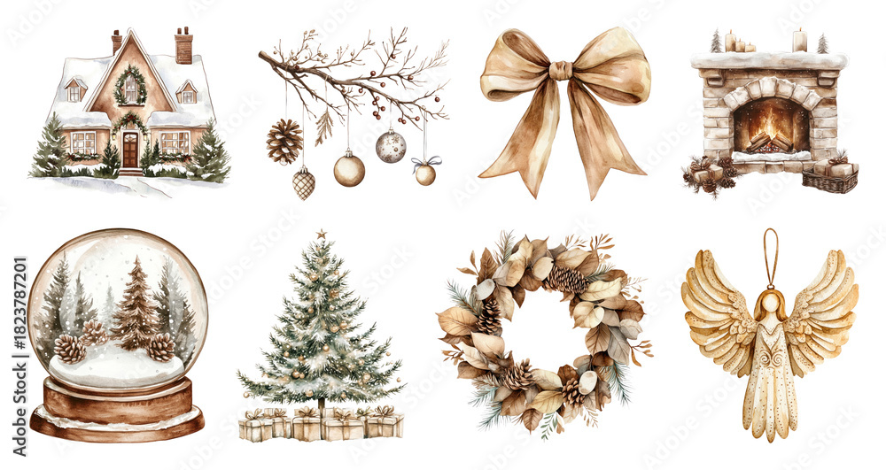 Fototapeta premium PNG Vintage Christmas holiday decoration illustrations, element set on transparent background
