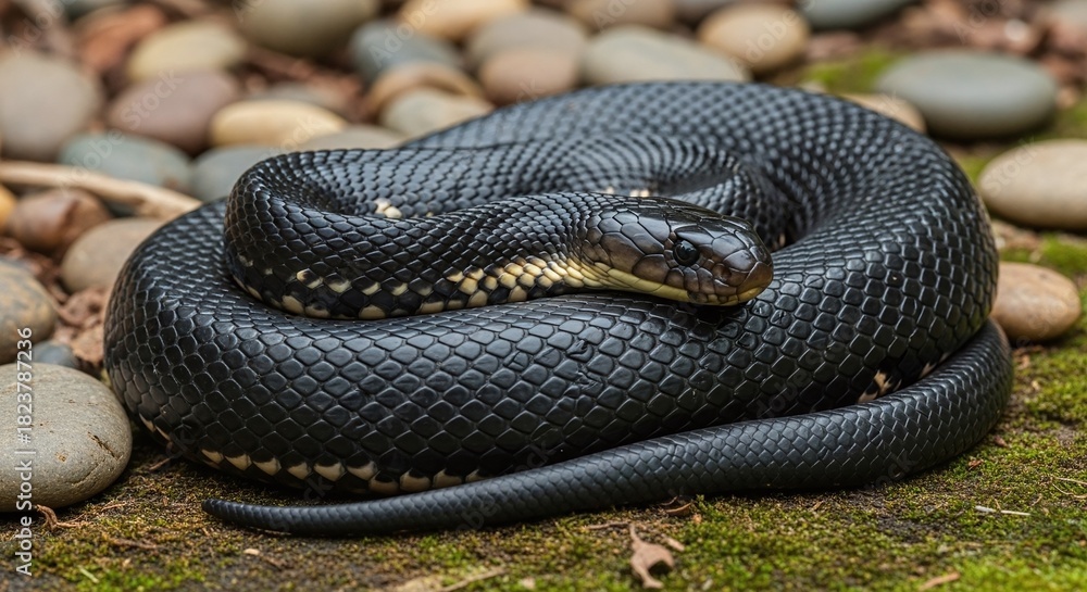 Fototapeta premium Stunning black snake coiled gracefully on mossy ground, a captivating wildlife portrait for educational resources and nature publications, up close detail
