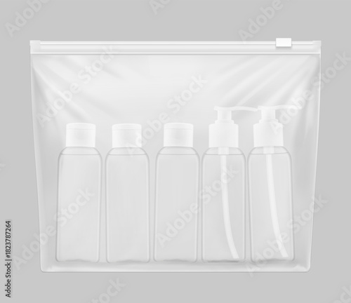Clear travel bottles for toiletries set in zip-lock packaging bag mockup. Vector illustration isolated on grey background. Great for your design. EPS10.