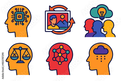 Memory Philosophy Icons. Isometric vector illustration set Philosophy of memory: human head with memory icons, reconstructed