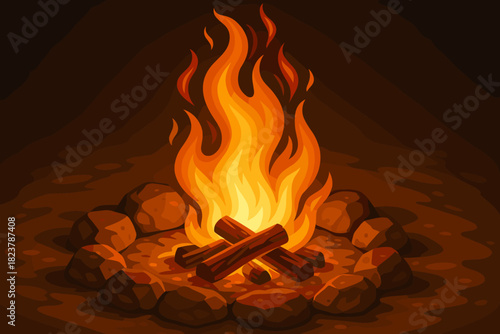 Glowing Campfire Adventure. Dynamic flames from a glowing campfire surrounded by stones, rich orange and red tones, vector