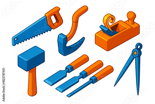 Shipwright Tools Icons. Isometric vector illustration set Shipwright Tools: hand saw, adze axe, plane tool, mallet, chisel set,