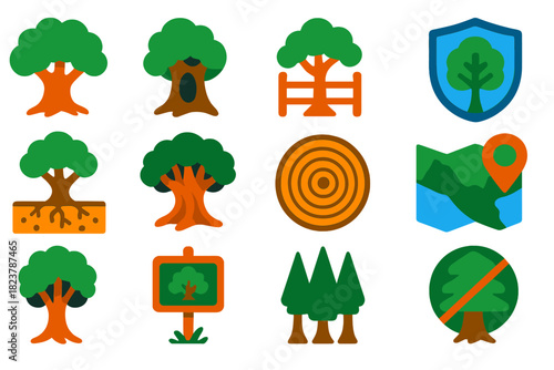 Ancient Tree Icons. Flat vector icons of ancient tree preservation: giant oak, hollow trunk, protected tree fence, conservation