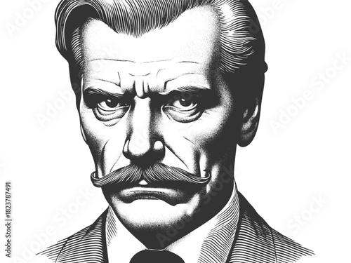 serious-looking man with a thick mustache and formal suit, evoking authority and history sketch engraving generative ai fictional character vector illustration. Scratch board. Black and white image.