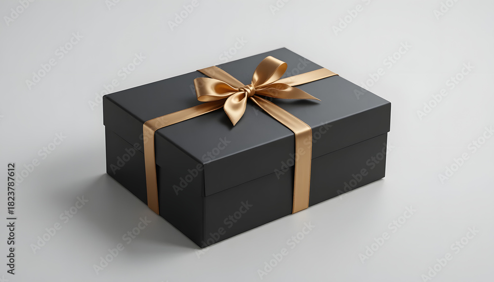 Fototapeta premium Elegant black gift box with gold ribbon offers luxury present packaging, perfect for birthdays, anniversaries, holiday celebrations, and special occasions