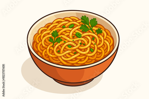 Herb-Garnished Noodle Bowl. Bowl of freshly cooked noodles garnished with herbs on a clean white vector illustration table,