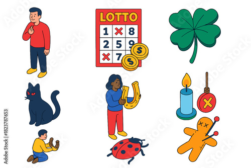 Sociology of Luck. Isometric vector illustration set Sociology of luck: superstition icons, lottery tickets, lucky talismans,