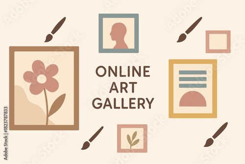 Pastel Art Gallery. Flat design banner for online art gallery, vector frames, paintbrush icons, pastel aesthetic, and minimalist
