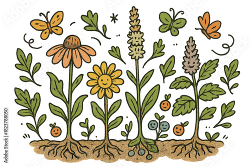Whimsical Garden Bliss. Whimsical doodle indigenous garden with smiling medicinal plants, cartoon roots and leaves waving, tiny