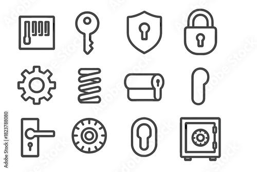 Mechanical Security Icons. Line style icons of Mechanical Security: Tumbler, Key, Lock Mechanism, Protection; Padlock, Gear,