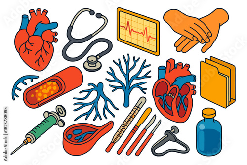 Vintage Cardiology Icons. Isometric vector illustration set Vintage Cardiology: anatomical heart bust, rubber-tube stethoscope,