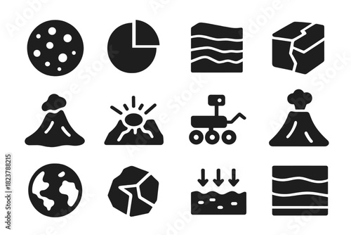 Planetary Geology Icons. Solid style icons of planetary geology: cratered surface, planetary cross-section, layered rock, tectonic