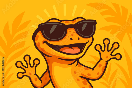 Gecko in Sunglasses. Playful gecko wearing sunglasses against a vibrant vector illustration yellow background, bold and cheerful