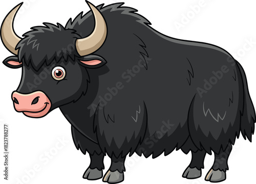 Cute Cartoon Yak, Black Fur, Horns, High Altitude Mammal, Tibetan, Nepal, Wildlife, Animal, Isolated, Mascot, Himalayas, Big, Hairy, Farm, Cattle, Funny, Vector, Illustration, Zoo, Cute.