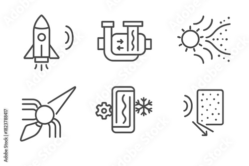 MHD Application Icons. Line style icons of MHD Applications: spacecraft propulsion, liquid metal pump, solar storm simulation,