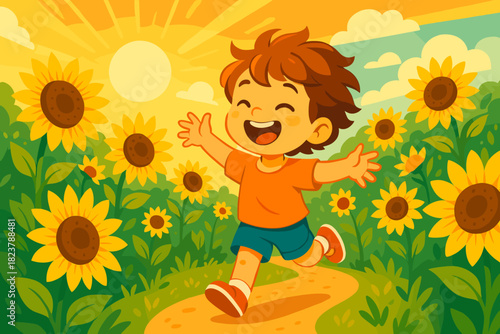 Sunflower Field Joy. Playful child running through a sunflower field under bright golden sunlight, vibrant and cheerful tones,