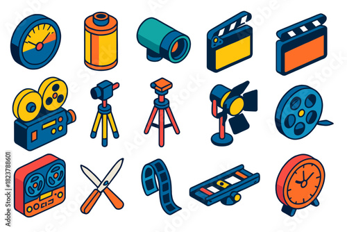 Retro Film Equipment. Isometric vector illustration set Analog Film: retro light meter dial, sealed film canister, optical