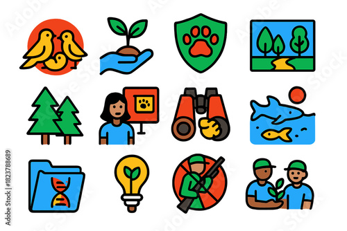 Conservation Strategy Icons. Flat vector icons of Conservation Strategies: captive breeding, habitat restoration, legal protection