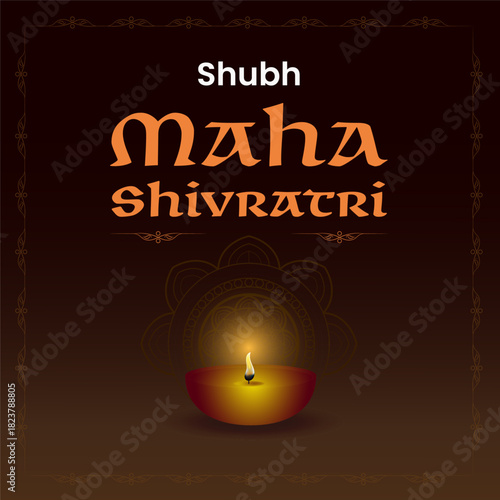 Vector Maha Shivratri greeting with glowing diya, mandala ornament and warm brown background. Holiday illustration for Hindu festival