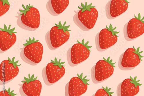 Strawberries on Pink. Flat lay of vibrant strawberries scattered vector illustration on a pastel pink background, soft natural
