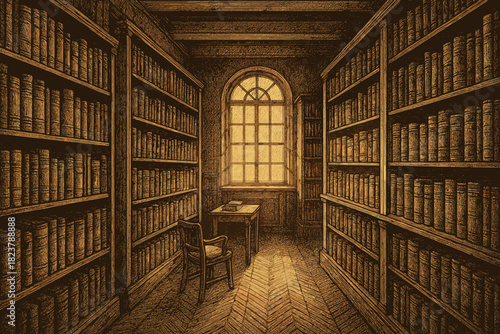 Vintage Library Glow. Atmospheric library with shelves of vintage vector illustration books illuminated by warm golden light,