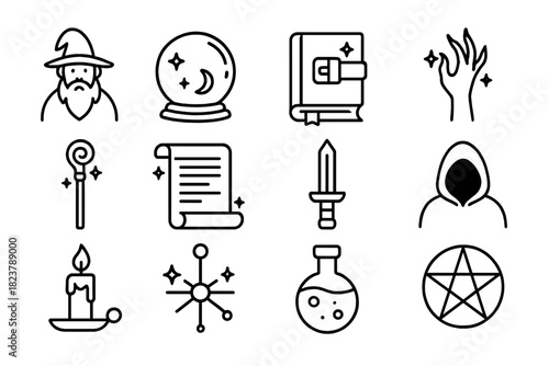 Sword and Sorcery Icons. Line style icons of sword and sorcery: warlock, crystal ball, ancient tome, curse; magic staff, spell
