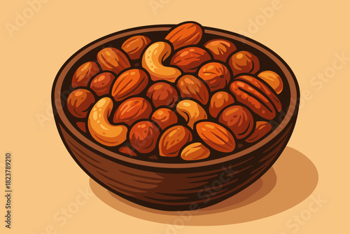 Roasted Nut Medley. Bowl of roasted mixed nuts with vibrant textures and earthy tones, softly illuminated, perfect for healthy