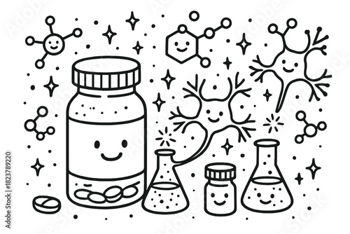 Whimsical Lab Scene. Whimsical doodle psychopharmacology lab with smiling pill bottles, cartoon neurons firing happily, cheerful