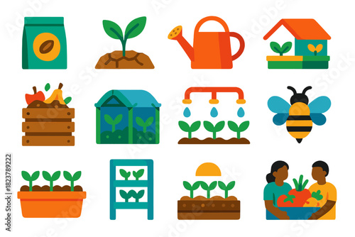 Survival Farming Icons. Flat vector icons of Survival Farming: seed pouch, cracked soil sprout, handmade watering can, rooftop