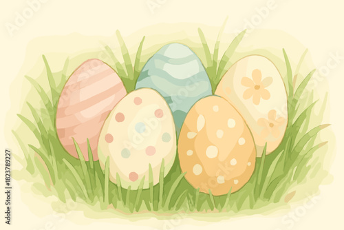 Easter Eggs in Grass. Delicately painted Easter eggs vector illustration resting on fresh green grass, soft pastel tones, natural