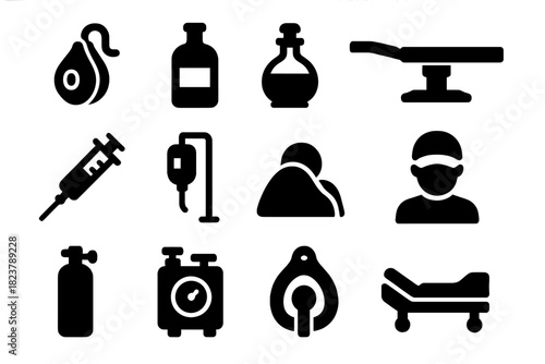 Anesthesia Evolution Icons. Solid style icons of development of anesthesia: ether mask, chloroform bottle, glass inhaler,