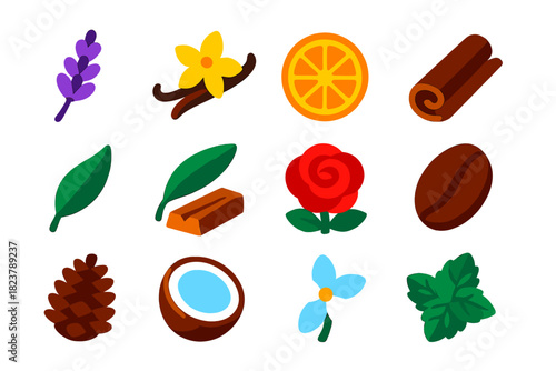 Candle Scent Icons. Flat vector icons of Candle Scents: lavender sprig, vanilla pod, citrus slice, cinnamon stick, eucalyptus leaf