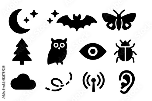 Nocturnal Wildlife Icons. Solid style icons of nocturnal wildlife and interaction: moon, stars, bat, moth, forest tree, owl, alert