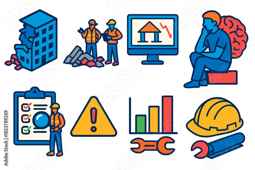 Engineering Disaster Analysis. Isometric vector illustration set Engineering disaster analysis: collapsed buildings, engineers