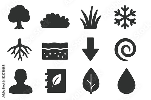Cold Region Ecology Icons. Solid style icons of vegetation and cold-region ecology: tree, moss, grass, snowflake, root, soil layer