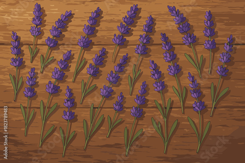 Lavender Flat Lay Elegance. Artistic flat lay of blooming lavender sprigs placed on a rustic wooden table, soft warm lighting,