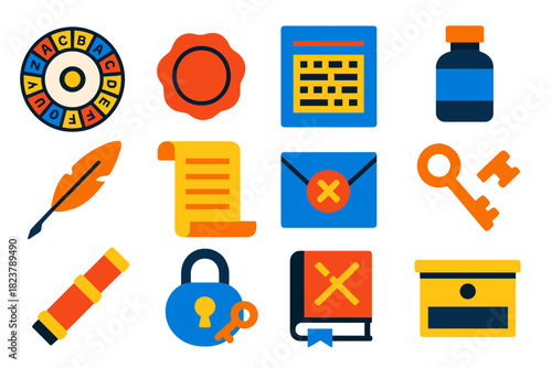 Forgotten Cryptography Icons. Flat vector icons of Forgotten Cryptography: cipher wheel, wax seal, coded letter, invisible ink