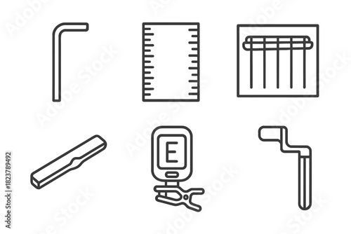 Guitar Maintenance Tools. Line style icons of Guitar Maintenance and Setup: truss rod wrench, string height gauge, intonation