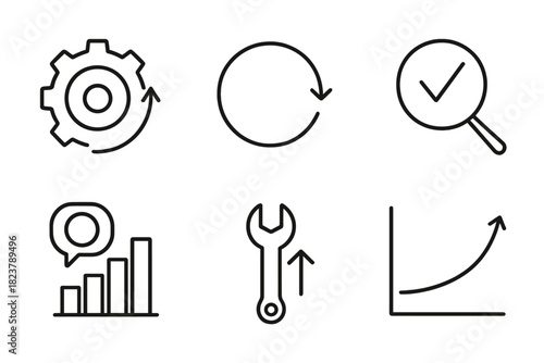 Continuous Improvement Icons. Line style icons of Continuous Improvement: cycle gear arrow, iteration loop, review icon, feedback