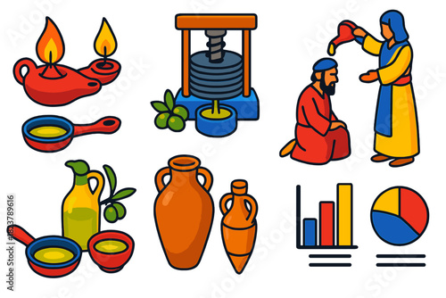 Historical Oil Illustration. Isometric vector illustration set Oleology: lamp oils burning, olive press, ceremonial anointing,