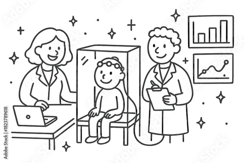 Joyful Research Experiment. Playful doodle experimental trial setup with smiling researchers, cartoon participants, cheerful data