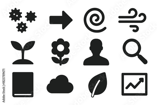 Pollen Dispersal Icons. Solid style icons of pollen dispersal models: pollen grains, arrow, spiral, wind swirl, plant, flower,